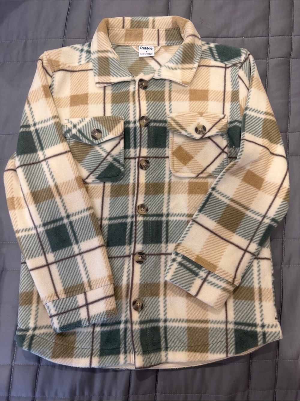 Pekkle Kids Green & Tan Plaid Button-Down Shirt Jacket Brand new